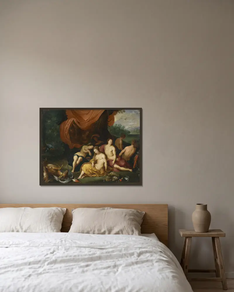 Diana En Haar Nimfen Na De Jacht av Jan Brueghel the Younger inramad på en vägg