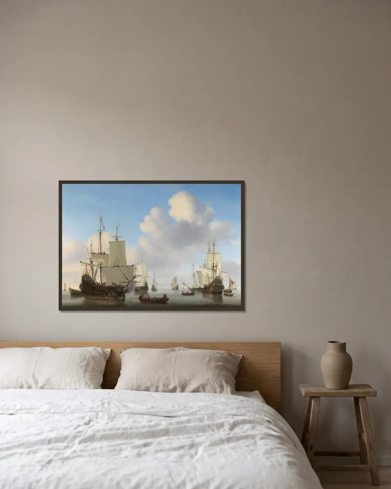 Dutch Ships in a Calm Sea av Willem van de Velde the Younger inramad på en vägg