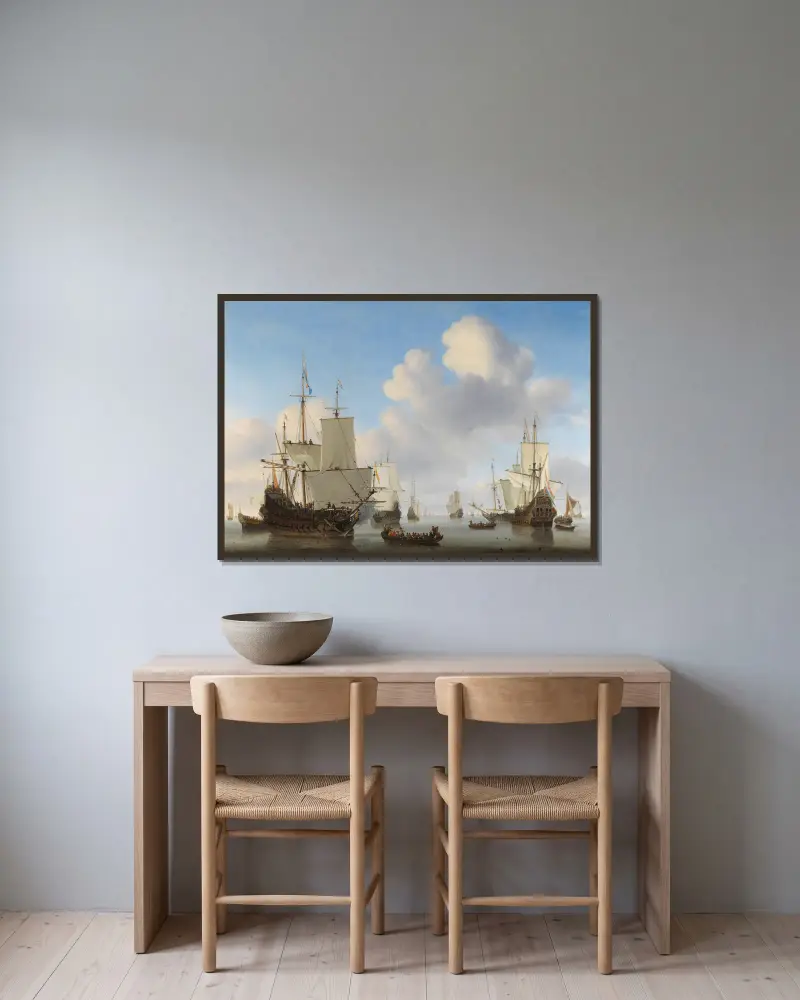 Dutch Ships in a Calm Sea av Willem van de Velde the Younger inramad på en vägg