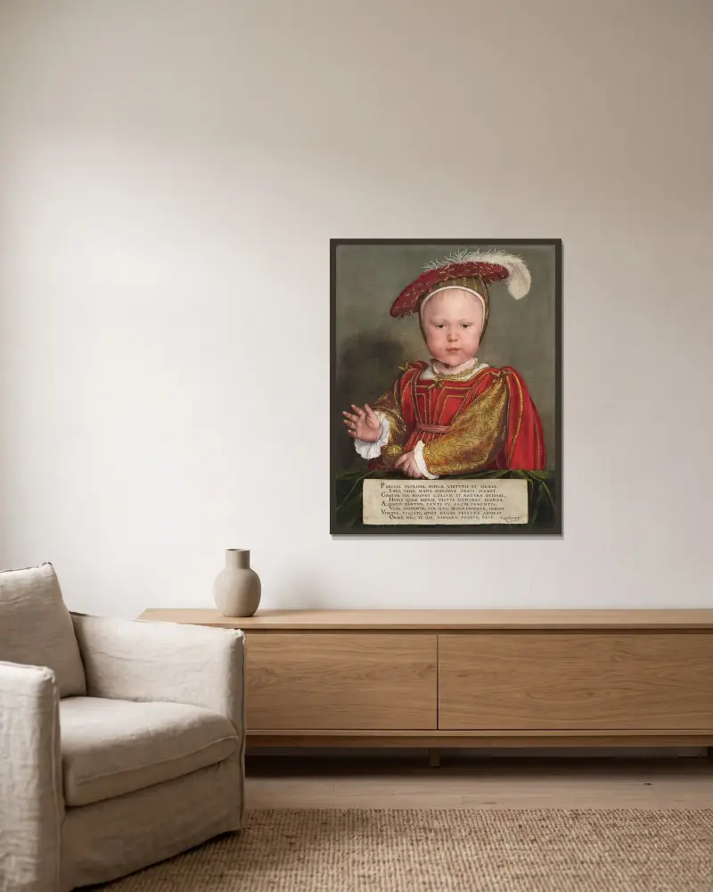 Edward VI. als Kind von Hans Holbein The Younger gerahmt an einer Wand