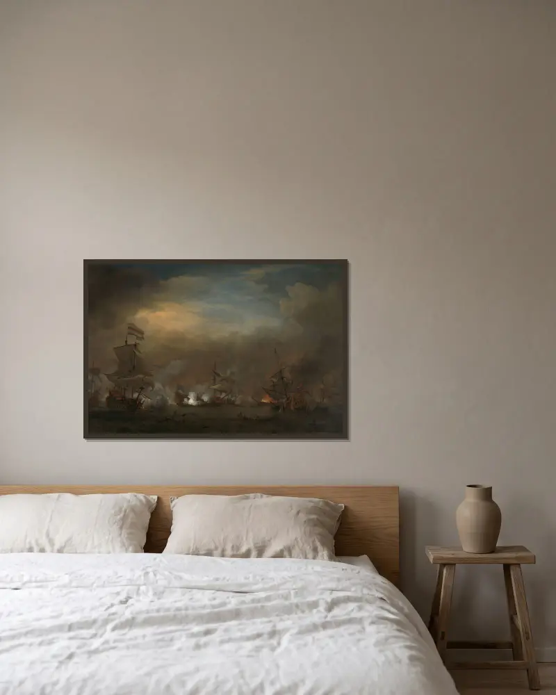 Begegnung während der Schlacht bei Kijkduin von Willem van de Velde the Younger gerahmt an einer Wand