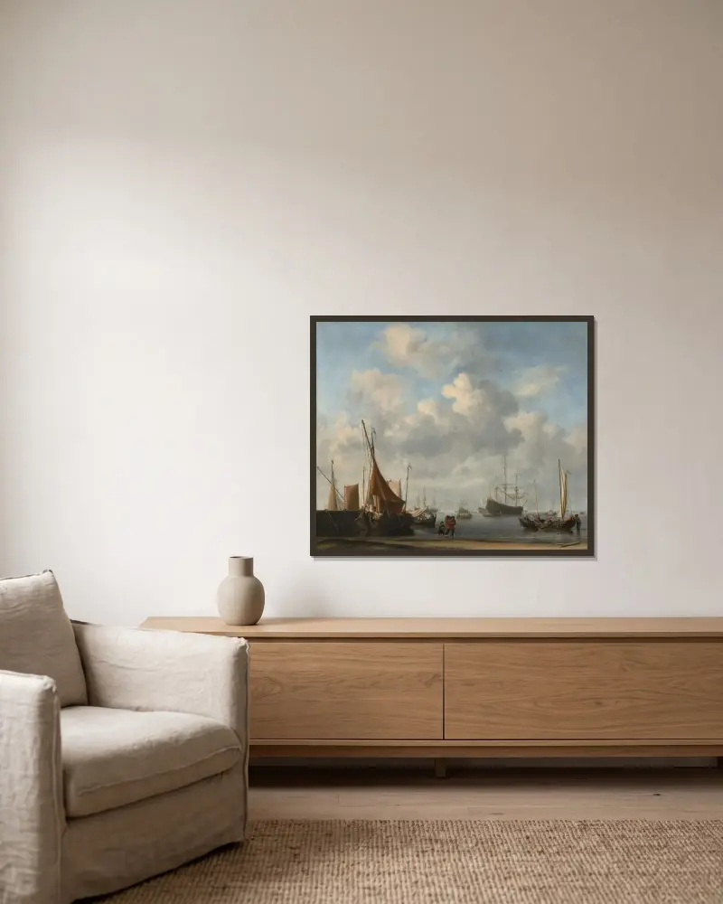 Infart till en holländsk hamn av Willem van de Velde the Younger inramad på en vägg