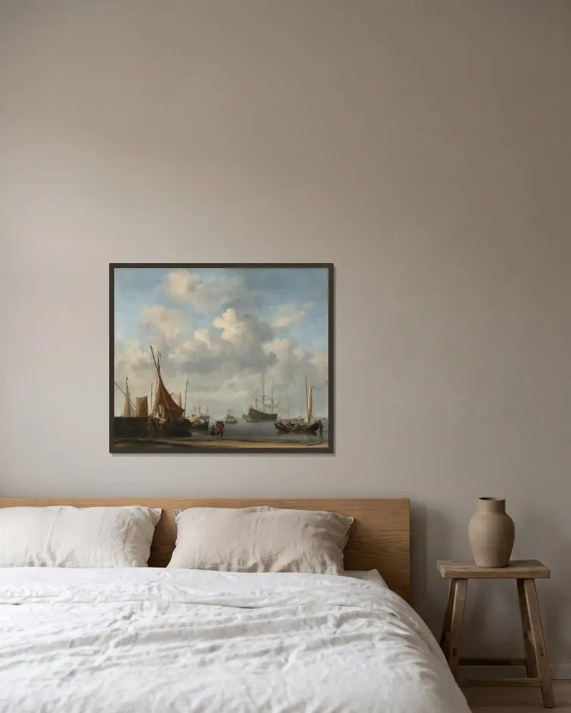 Infart till en holländsk hamn av Willem van de Velde the Younger inramad på en vägg