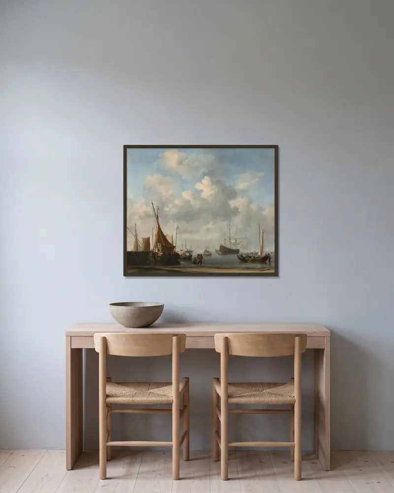 Infart till en holländsk hamn av Willem van de Velde the Younger inramad på en vägg