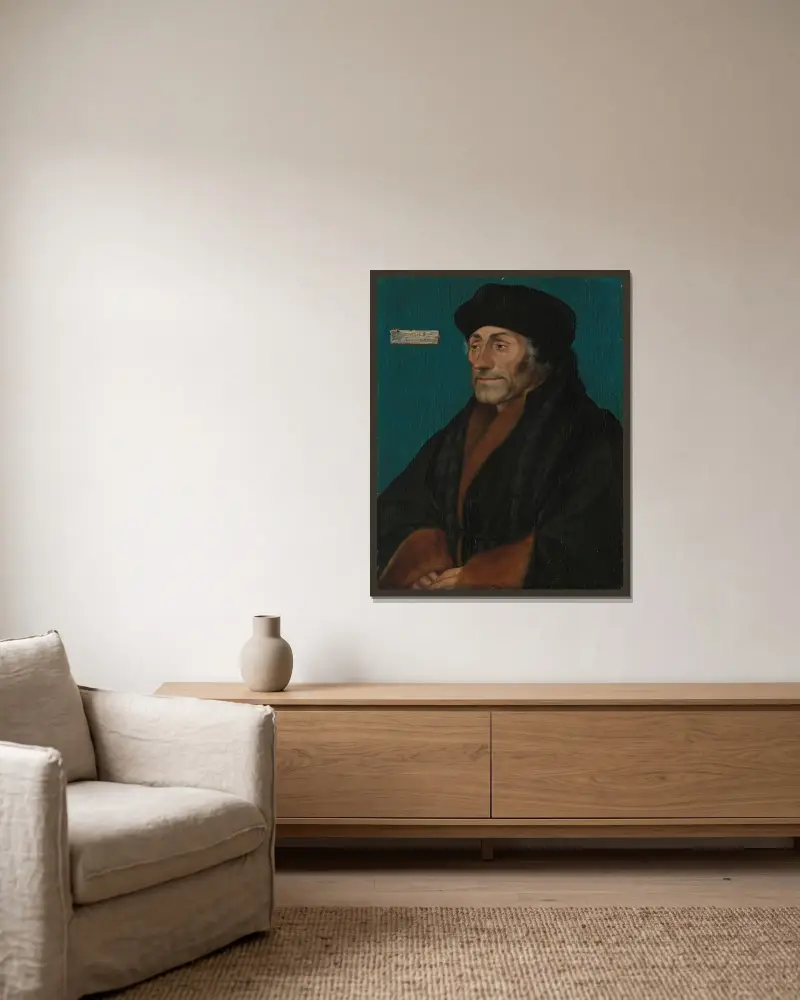 Erasmus of Rotterdam, 1532 av Hans Holbein The Younger inramad på en vägg