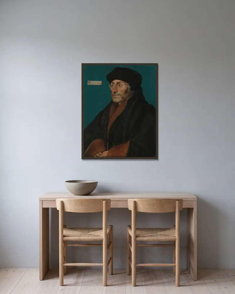 Erasmus of Rotterdam, 1532 av Hans Holbein The Younger inramad på en vägg