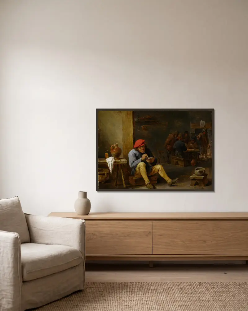 Farmer in a Tavern, Lighting his Pipe av David Teniers The Younger inramad på en vägg
