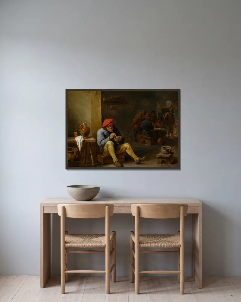Farmer in a Tavern, Lighting his Pipe av David Teniers The Younger inramad på en vägg