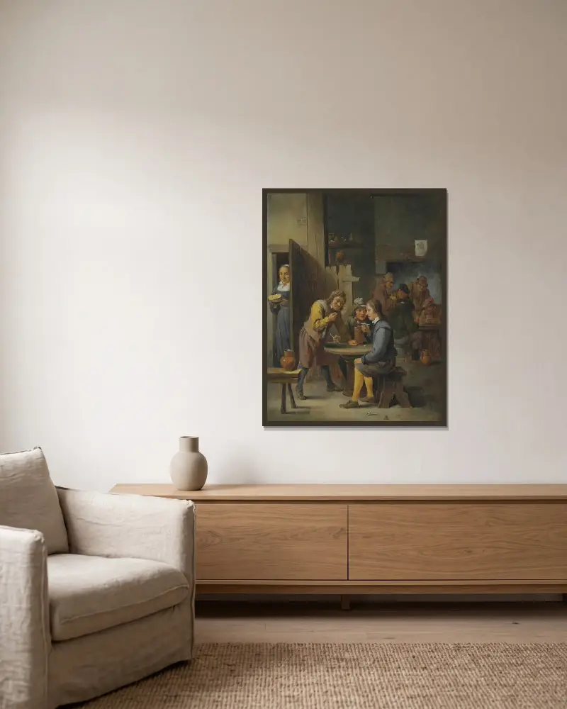 Figurer i en kroginteriör av David Teniers The Younger inramad på en vägg