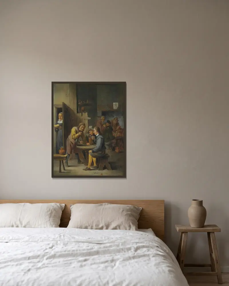 Figurer i en kroginteriör av David Teniers The Younger inramad på en vägg