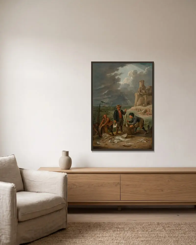 Fiskare som återvänder till stranden med sin fångst, i bakgrunden andra fiskare nedanför en fyr på en klippa av David Teniers The Younger inramad på en vägg