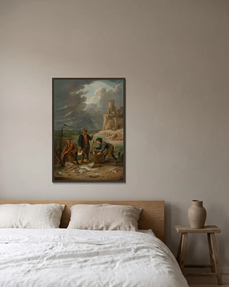 Fiskare som återvänder till stranden med sin fångst, i bakgrunden andra fiskare nedanför en fyr på en klippa av David Teniers The Younger inramad på en vägg