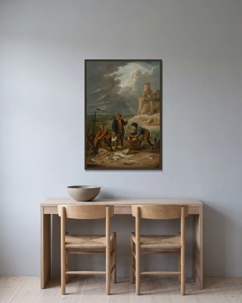 Fiskare som återvänder till stranden med sin fångst, i bakgrunden andra fiskare nedanför en fyr på en klippa av David Teniers The Younger inramad på en vägg