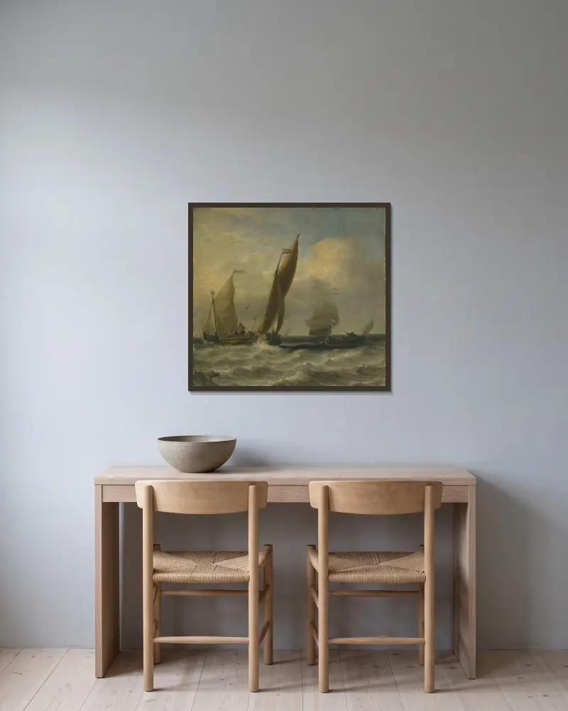 Fiskebåtar till havs av Willem van de Velde the Younger inramad på en vägg