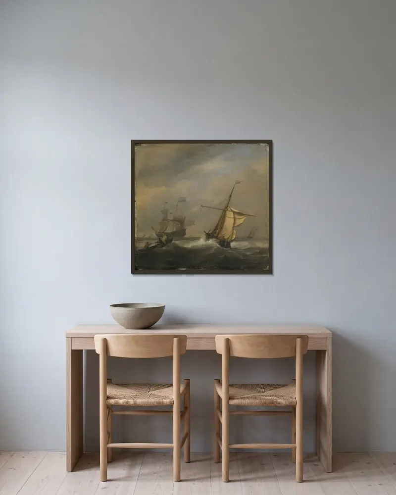 Fiskebåtar i en gatt av Willem van de Velde the Younger inramad på en vägg