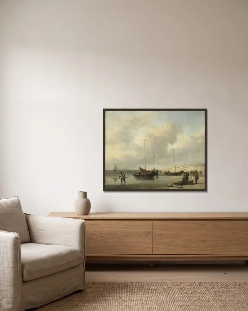 Fiskebåtar på stranden (Stranden, lossning av en fiskeskonert) av Willem van de Velde the Younger inramad på en vägg