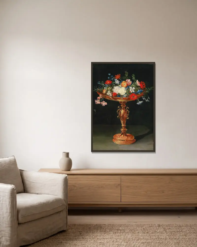 Flowers in a gilded tazza av Jan Brueghel the Younger inramad på en vägg