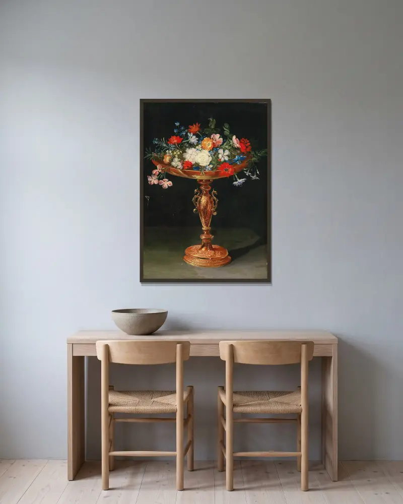 Flowers in a gilded tazza av Jan Brueghel the Younger inramad på en vägg