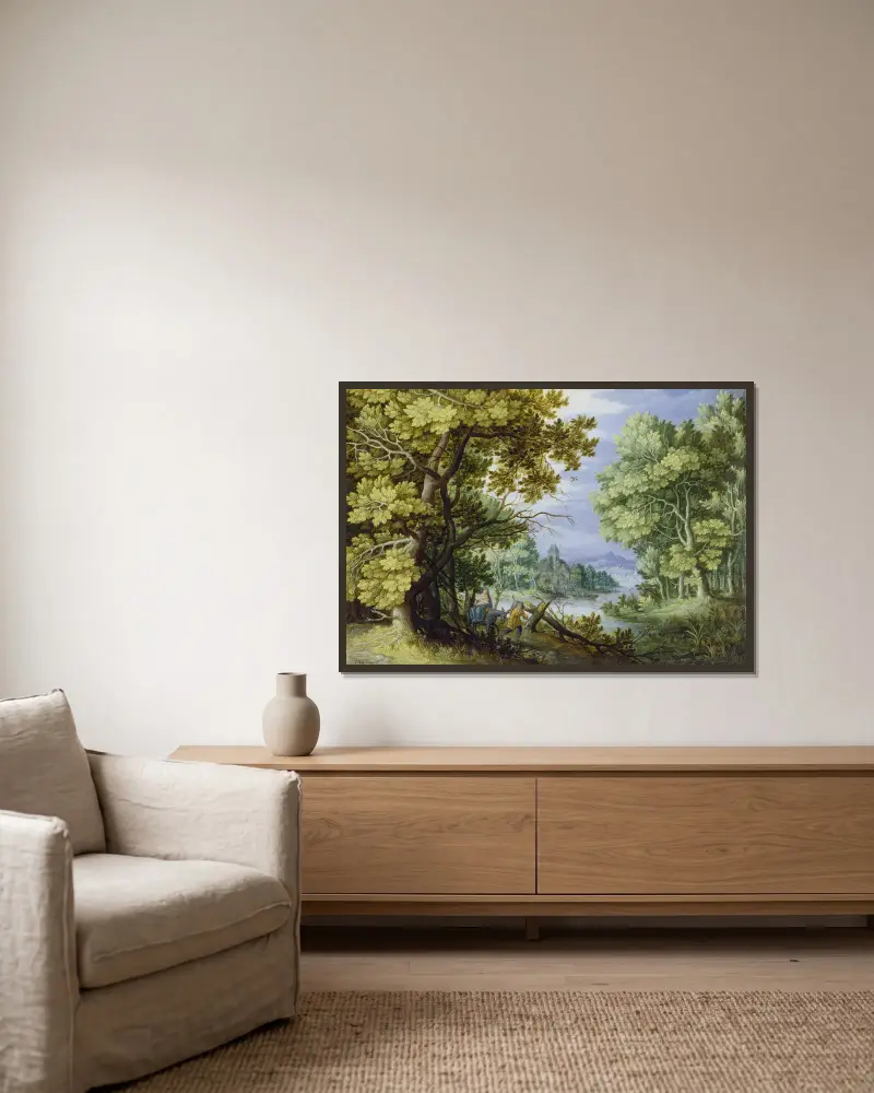 Waldlandschaft mit der Flucht nach Ägypten von Jan Brueghel the Younger gerahmt an einer Wand