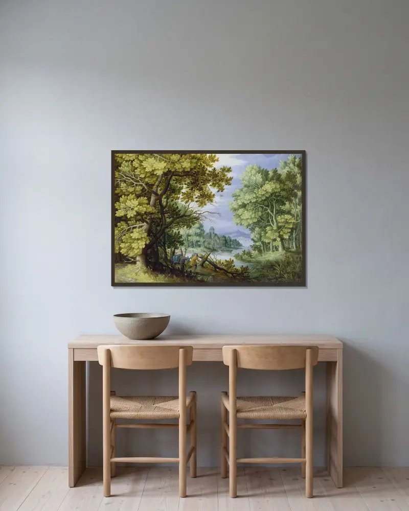 Waldlandschaft mit der Flucht nach Ägypten von Jan Brueghel the Younger gerahmt an einer Wand