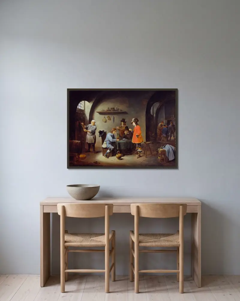 Spelscen på värdshus av David Teniers The Younger inramad på en vägg