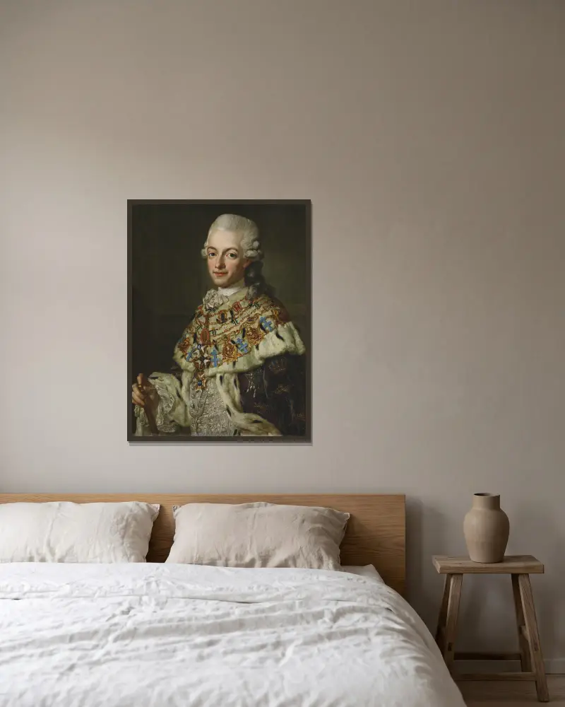 Gustav III, 1746-1792 av Lorens Pasch the Younger inramad på en vägg