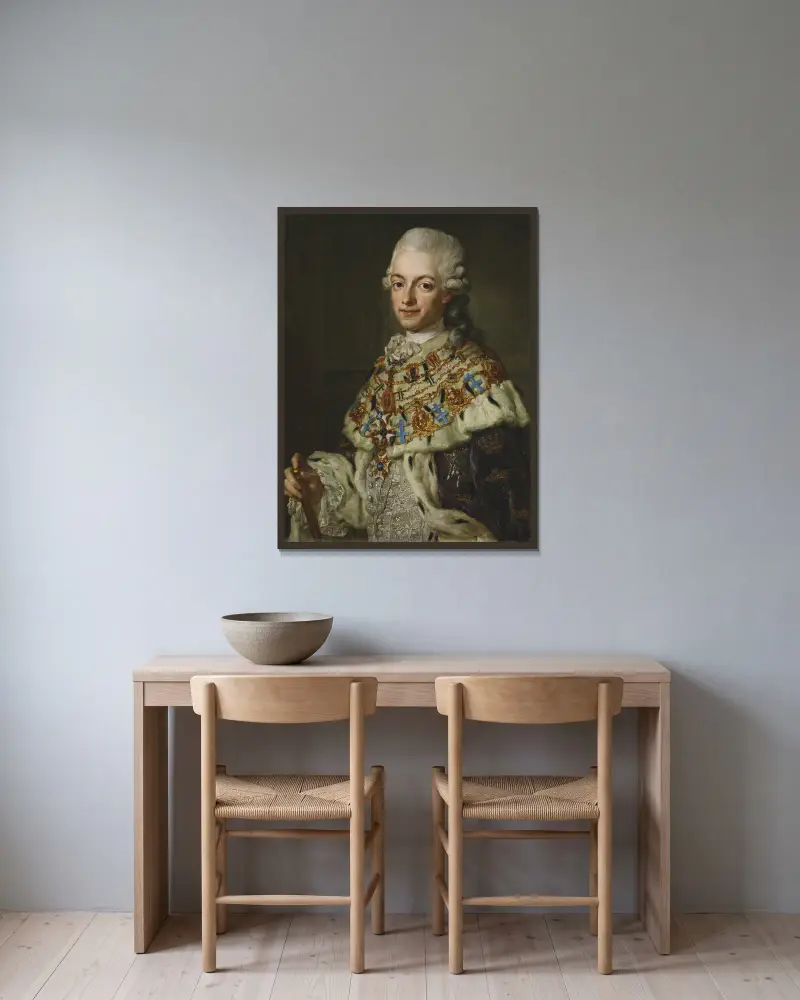 Gustav III, 1746-1792 av Lorens Pasch the Younger inramad på en vägg
