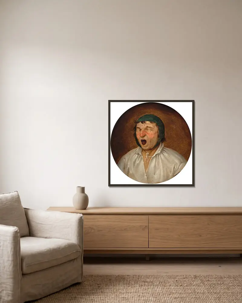 Kopf eines Mannes mit offenem Mund von Pieter Brueghel The Younger gerahmt an einer Wand