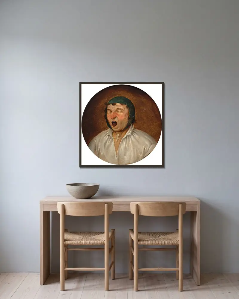Kopf eines Mannes mit offenem Mund von Pieter Brueghel The Younger gerahmt an einer Wand