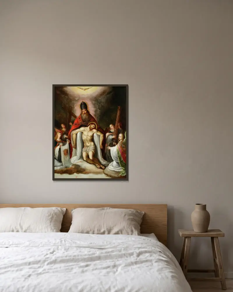 Den heliga treenigheten (Nådens tron) av Frans Francken the Younger inramad på en vägg