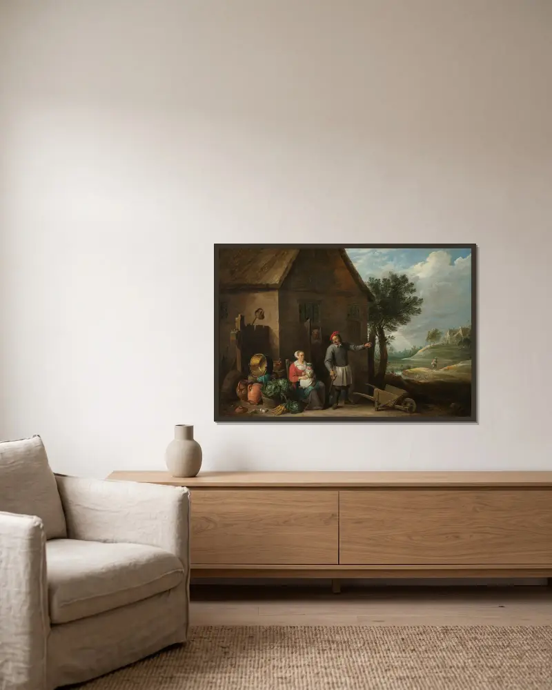 Husbandman at a Cottage Door with a Seated Woman and Child av David Teniers The Younger inramad på en vägg