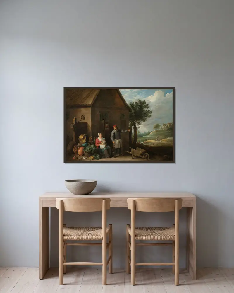 Husbandman at a Cottage Door with a Seated Woman and Child av David Teniers The Younger inramad på en vägg