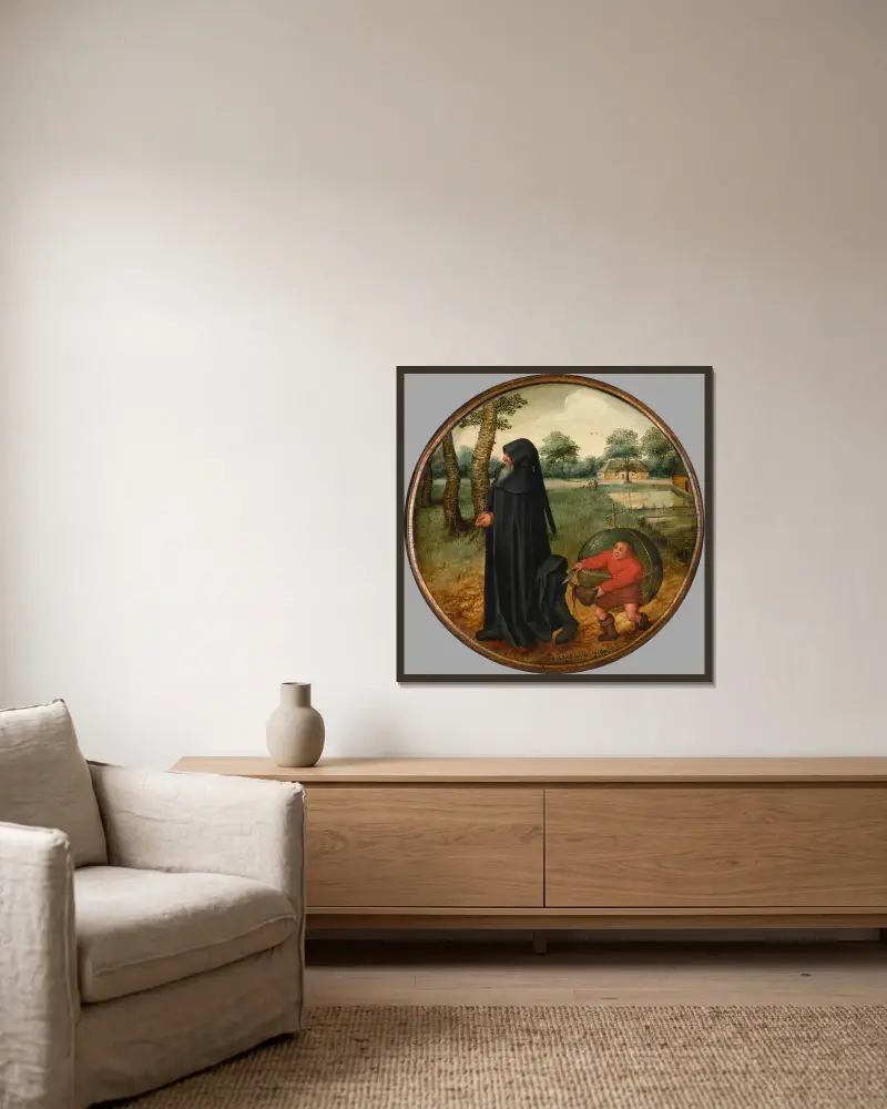 Ich trauere, weil die Welt so unzuverlässig ist von Pieter Brueghel The Younger gerahmt an einer Wand