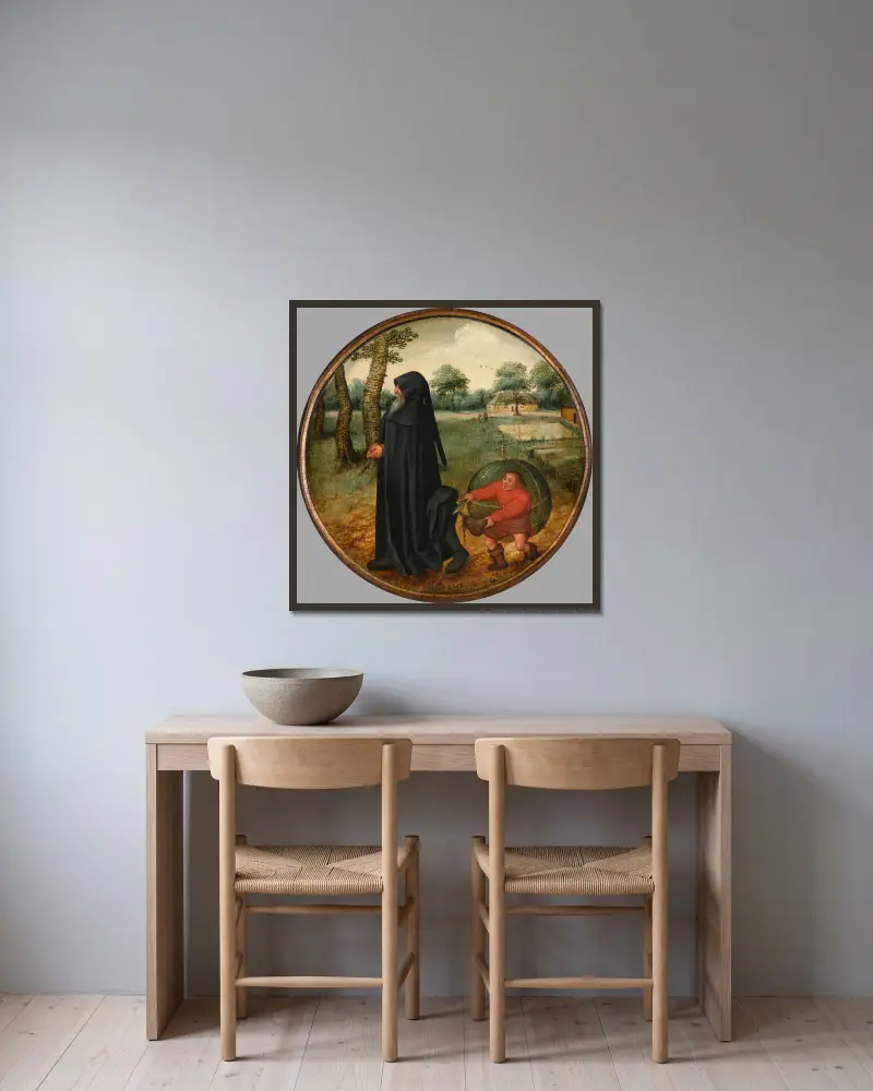 Ich trauere, weil die Welt so unzuverlässig ist von Pieter Brueghel The Younger gerahmt an einer Wand