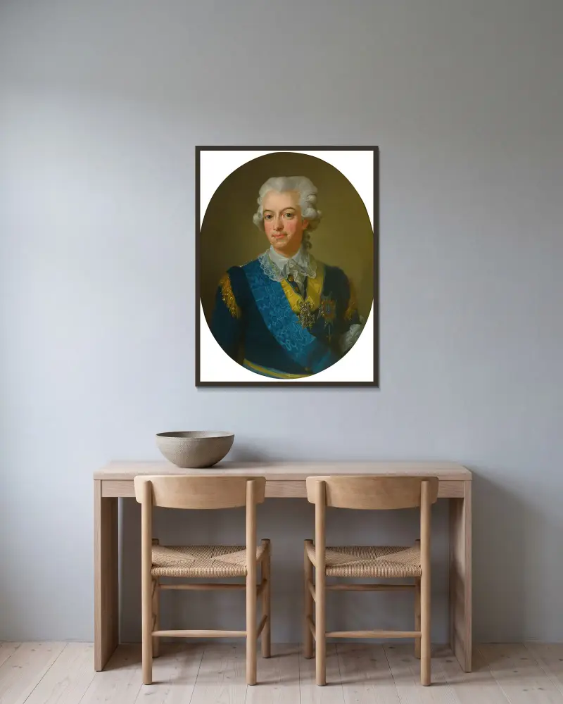 Kung Gustav III av Sverige av Lorens Pasch the Younger inramad på en vägg