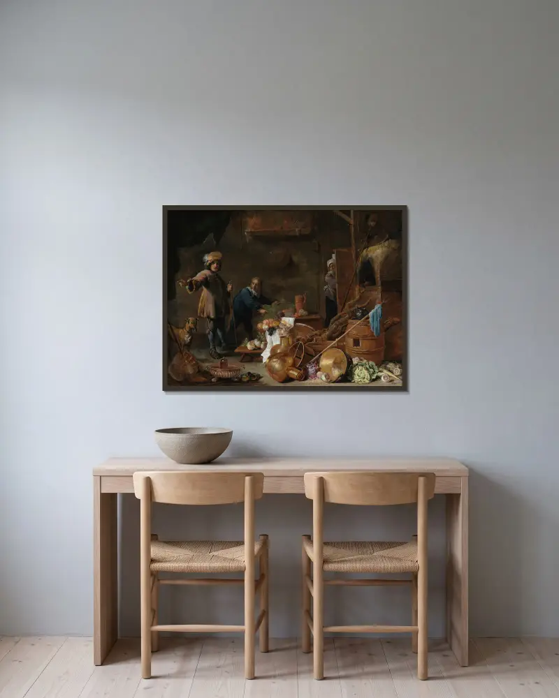 Kuchyňský interiér, 1643, David Teniers The Younger v rámu na stěně