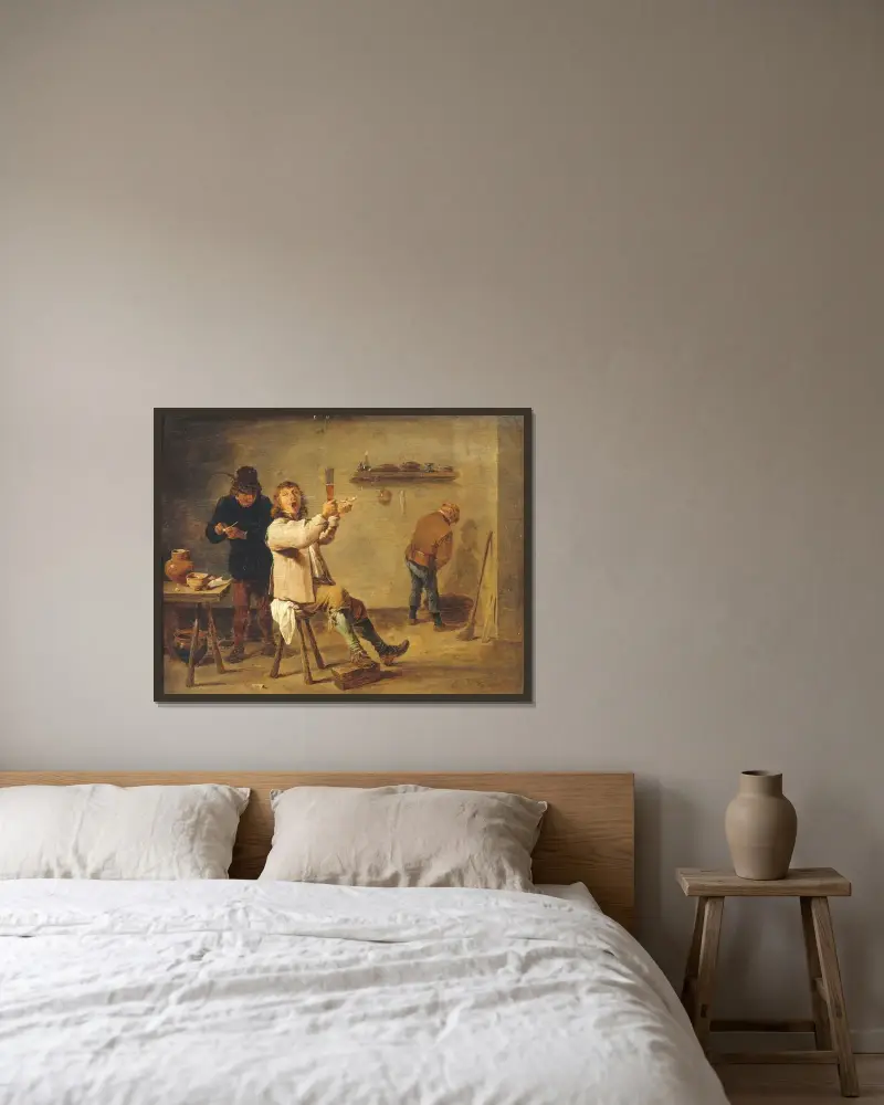 Dryckesvisan av David Teniers The Younger inramad på en vägg