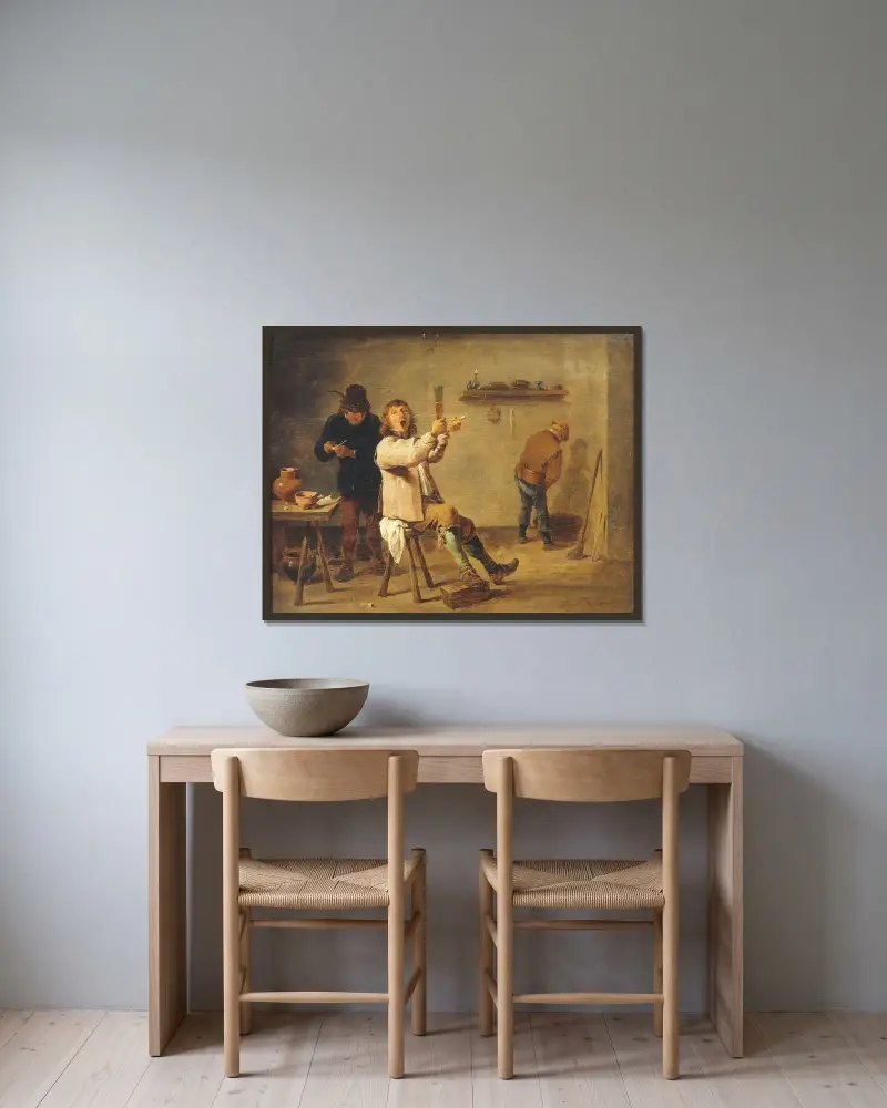 Dryckesvisan av David Teniers The Younger inramad på en vägg