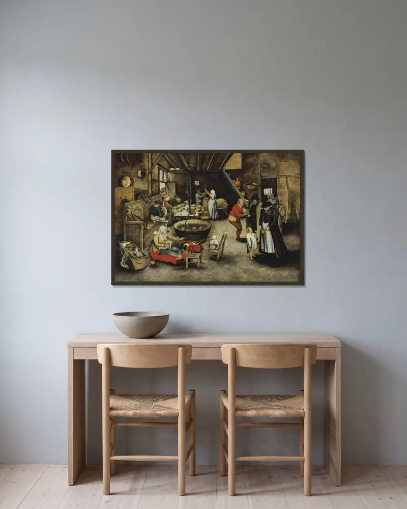 Der Besuch auf dem Bauernhof von Pieter Brueghel The Younger gerahmt an einer Wand