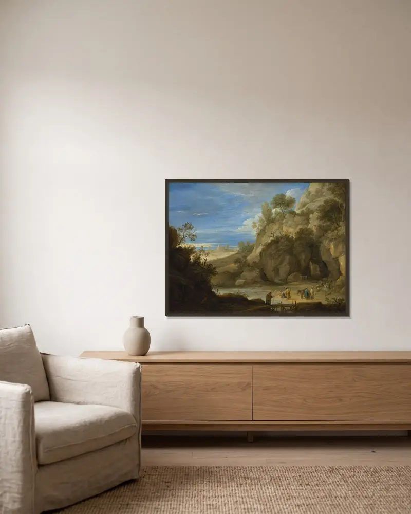 Landskap med zigenarläger av David Teniers The Younger inramad på en vägg