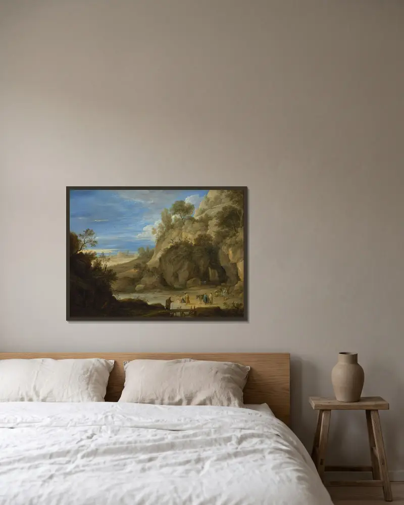 Landskap med zigenarläger av David Teniers The Younger inramad på en vägg