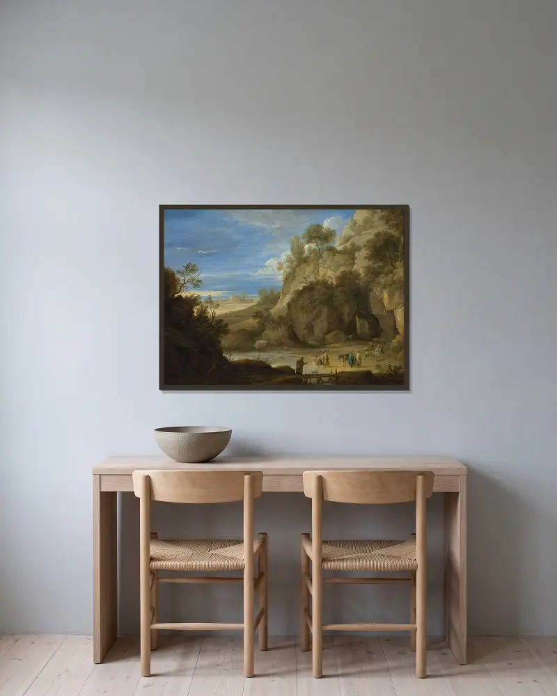 Landskap med zigenarläger av David Teniers The Younger inramad på en vägg