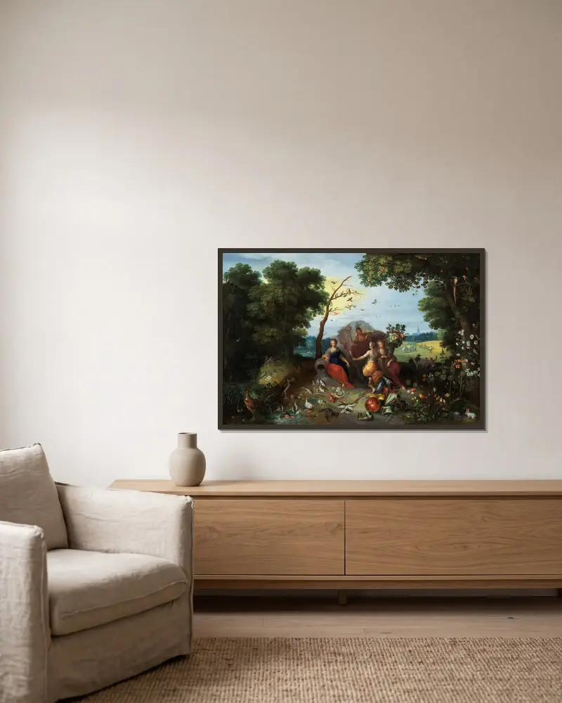 Landscape with Allegories of the Four Elements av Jan Brueghel the Younger inramad på en vägg