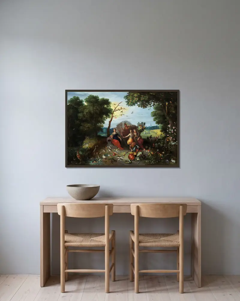 Landscape with Allegories of the Four Elements av Jan Brueghel the Younger inramad på en vägg