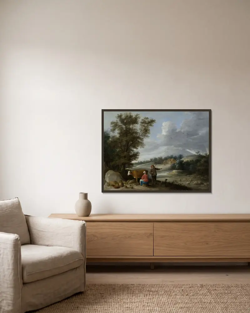 Landskap med mjölkpiga och herde av David Teniers The Younger inramad på en vägg