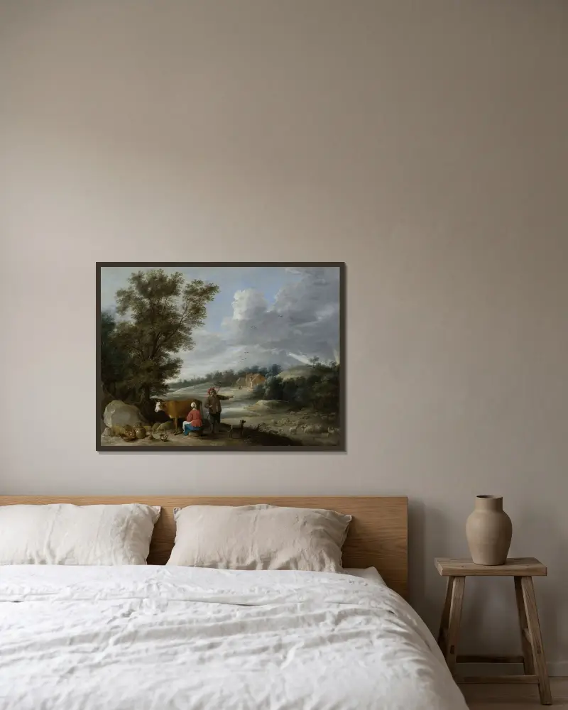 Landskap med mjölkpiga och herde av David Teniers The Younger inramad på en vägg