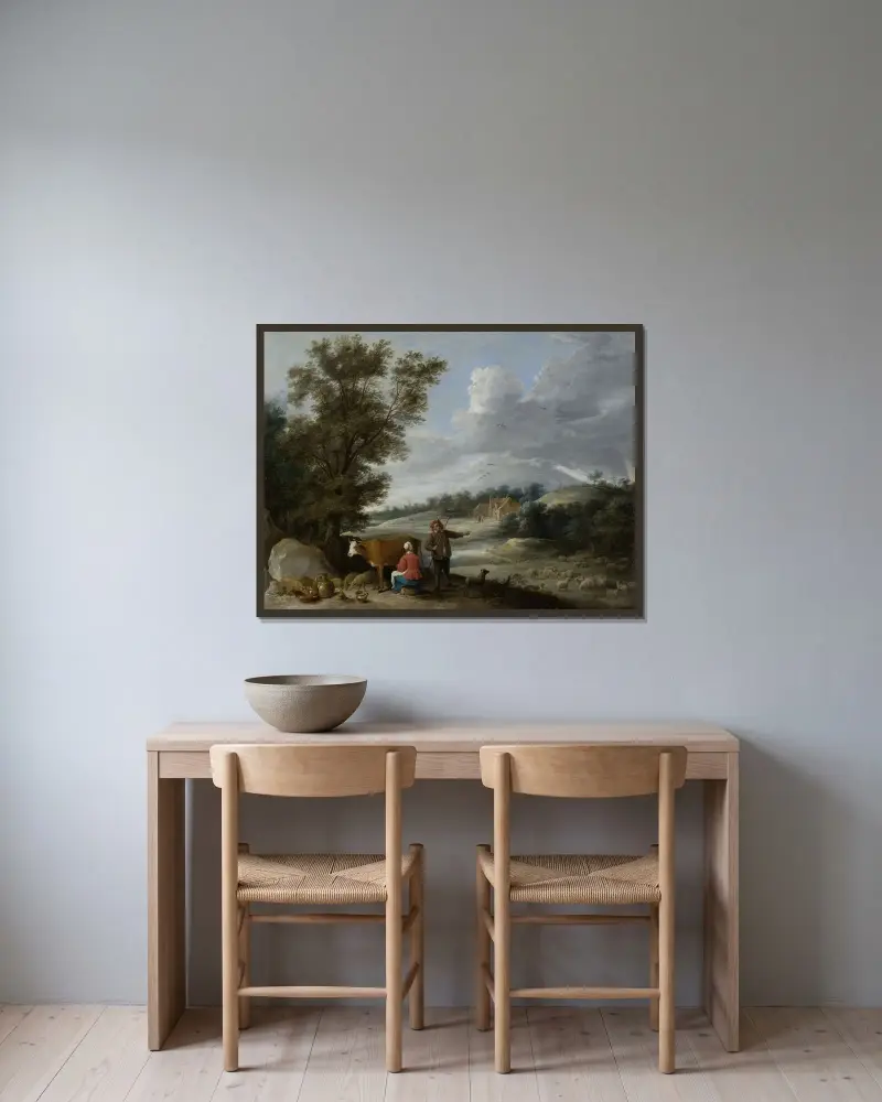 Landskap med mjölkpiga och herde av David Teniers The Younger inramad på en vägg