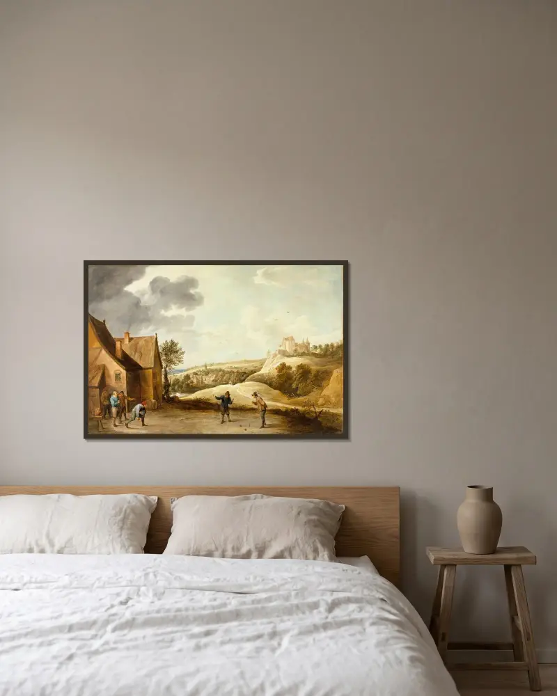 Landskap med bönder som spelar klot utanför en krog av David Teniers The Younger inramad på en vägg