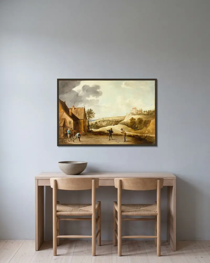 Landskap med bönder som spelar klot utanför en krog av David Teniers The Younger inramad på en vägg