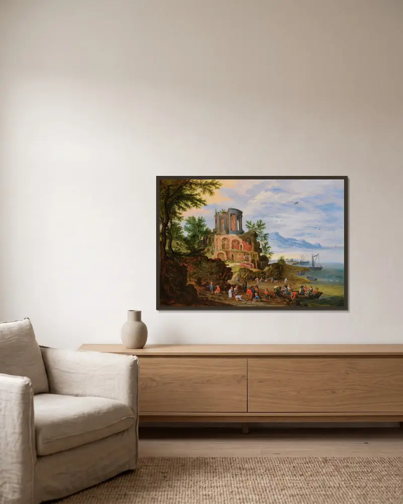 Landscape With Ruins Animated With Figures av Jan Brueghel the Younger inramad på en vägg